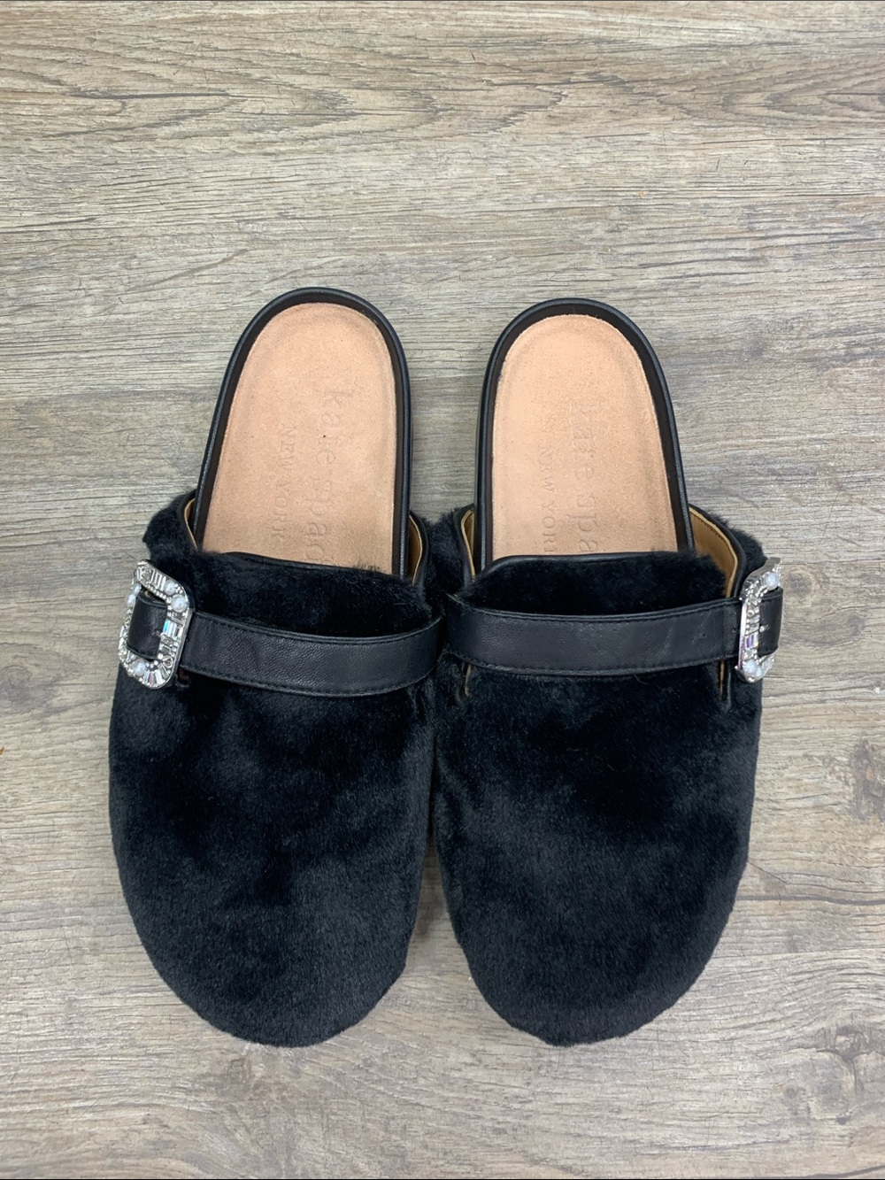 kate spade Black Faux Fur Slip-On Mules with Rhinestone Buckles Size 7